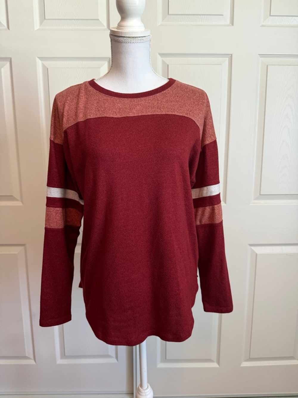 SO Burgundy and Rust Colorblock Long Sleeve Crewneck
